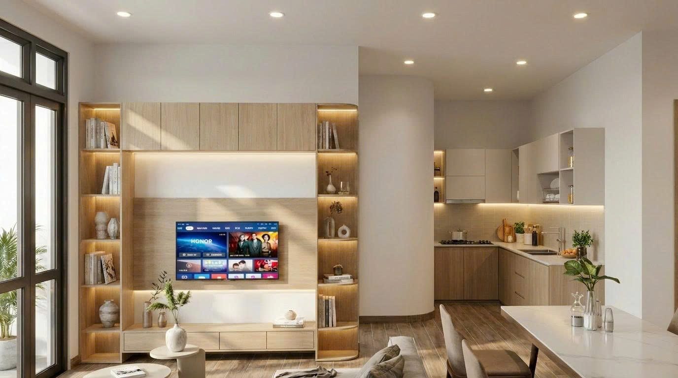 Phối cảnh 3D phòng khách liền bếp