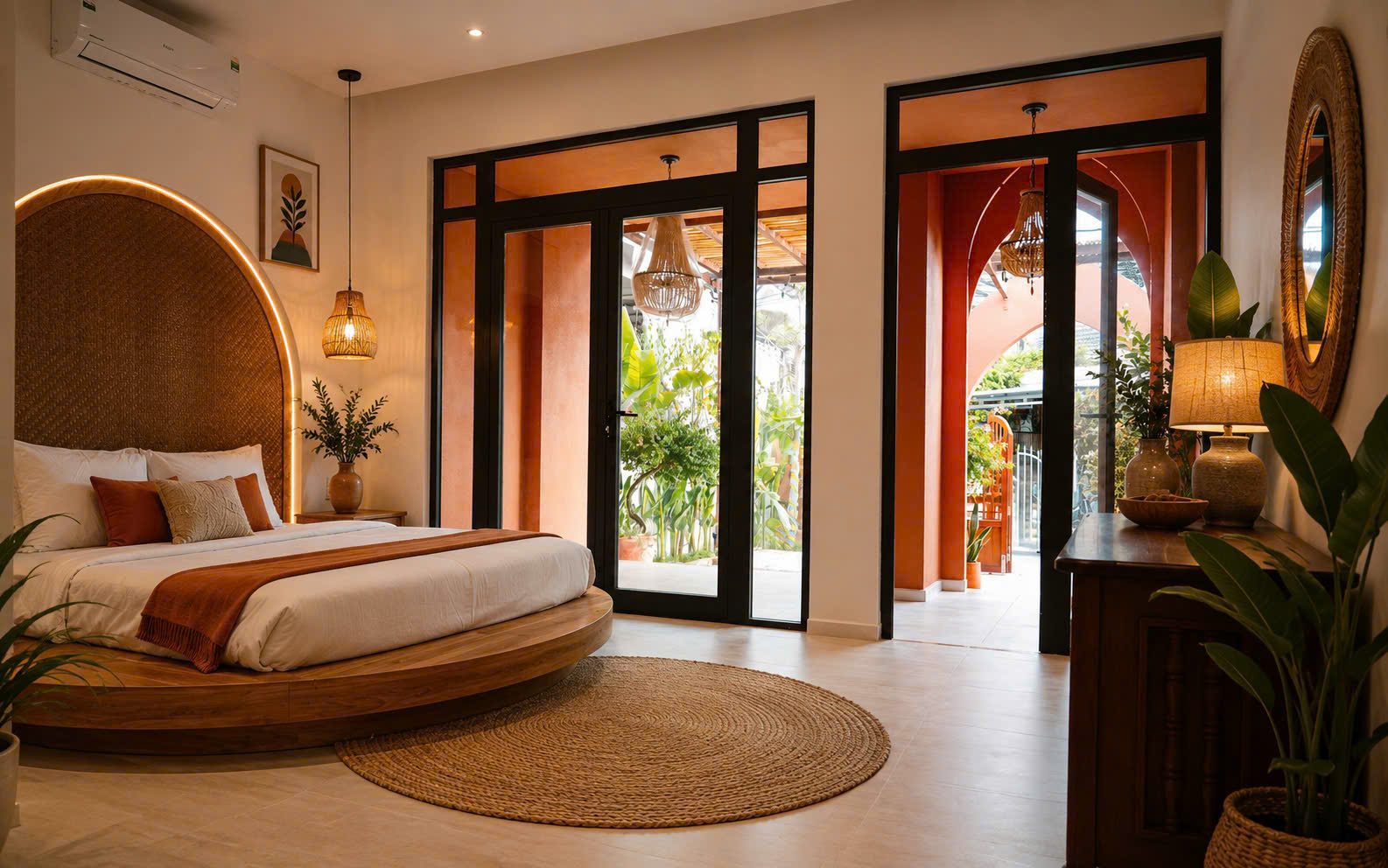 Phòng ngủ giường tròn, cửa kính sát vườn